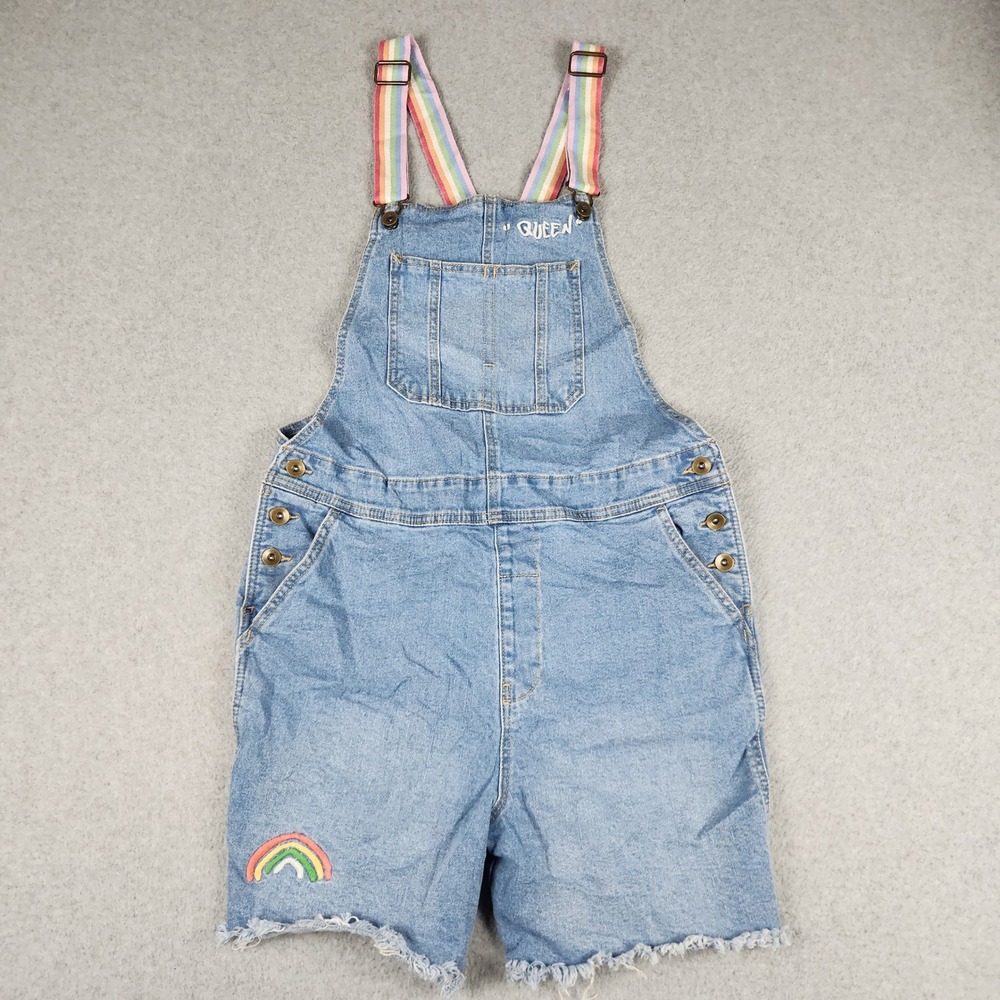 Target Queen Denim Shortalls Women Medium Blue Rainbow Strap Casual Frayed Hem